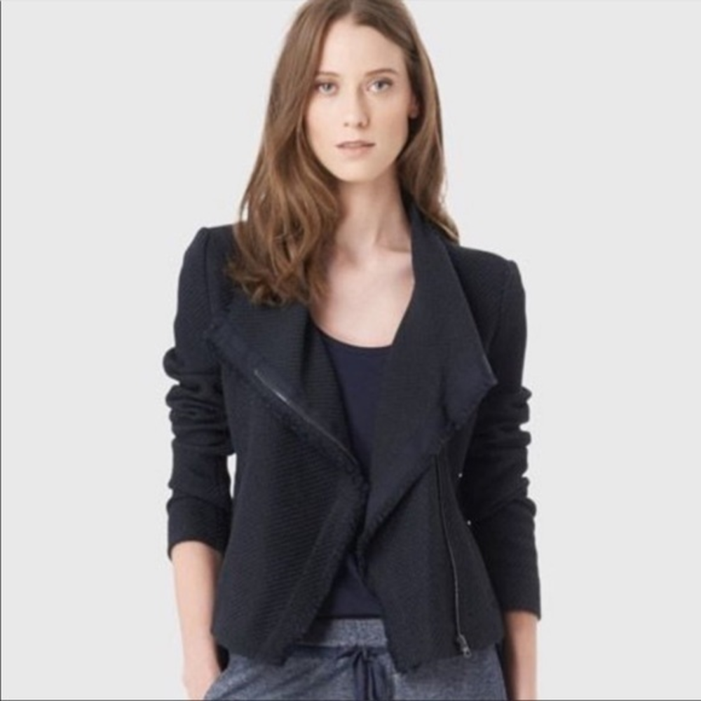 Vince navy blue cotton blend asymmetrical frayed hem jacket size Small